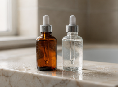 Two unlabeled serum dropper bottles on a marble ledge representing the peptides vs retinol decision