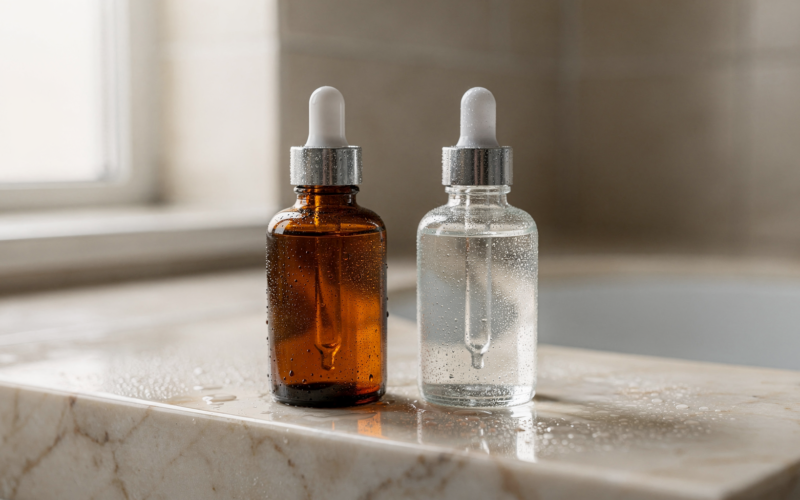 Two unlabeled serum dropper bottles on a marble ledge representing the peptides vs retinol decision