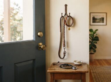 Pet ownership health research illustrated by a dog leash and collar hanging on a hook beside a stethoscope on an entry table