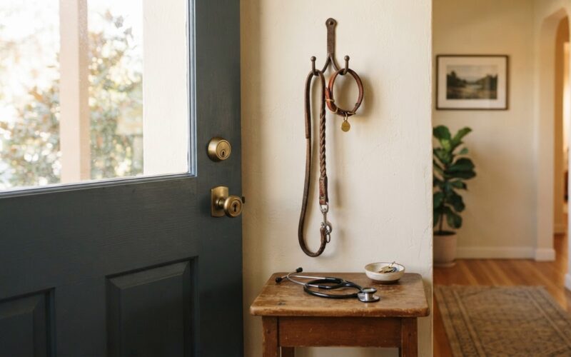 Pet ownership health research illustrated by a dog leash and collar hanging on a hook beside a stethoscope on an entry table