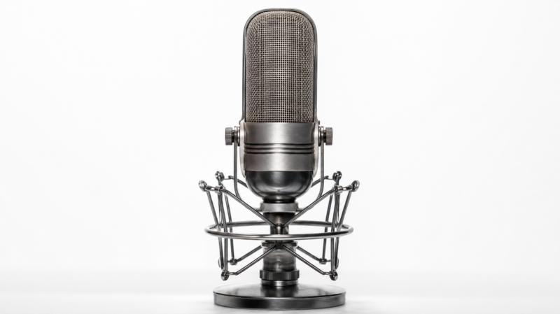 Vintage ribbon microphone on a chrome shock mount against a clean seamless white background