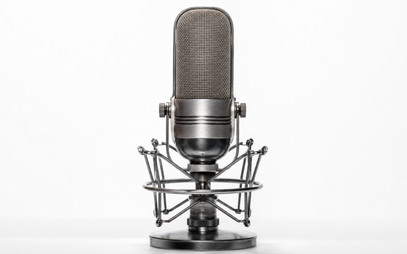 Vintage ribbon microphone on a chrome shock mount against a clean seamless white background