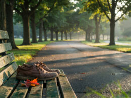 Empty tree lined park walking path at sunrise with worn walking shoes on a wooden bench, illustrating research on physical activity and cognitive decline