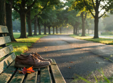 Empty tree lined park walking path at sunrise with worn walking shoes on a wooden bench, illustrating research on physical activity and cognitive decline