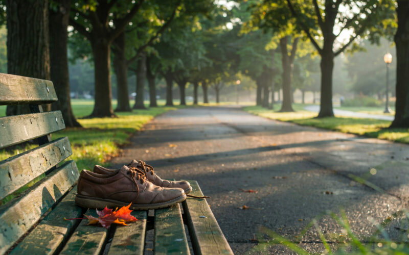 Empty tree lined park walking path at sunrise with worn walking shoes on a wooden bench, illustrating research on physical activity and cognitive decline