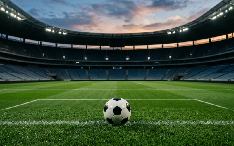 A soccer ball resting on a pristine green pitch inside a large empty stadium at dusk