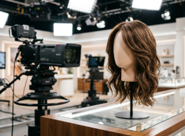 QVC wig demo setup with a styled brunette wig on a mannequin head under bright television studio lighting
