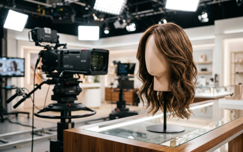 QVC wig demo setup with a styled brunette wig on a mannequin head under bright television studio lighting