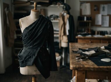 Dark draped fabric pinned on a dress form in a design studio evoking Rachel Scott Proenza Schouler tailoring