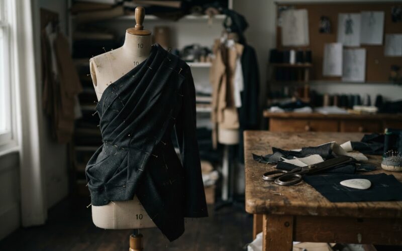 Dark draped fabric pinned on a dress form in a design studio evoking Rachel Scott Proenza Schouler tailoring