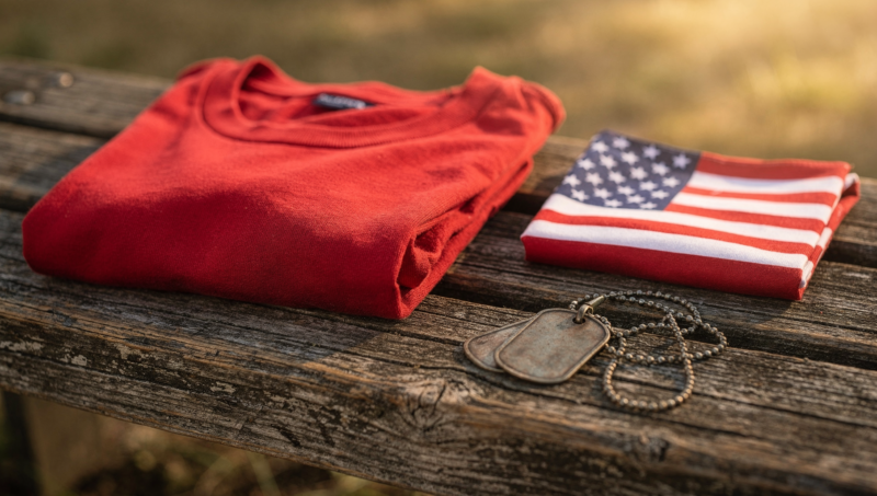 RED Friday meaning shown by a folded red t shirt on a wooden bench beside a small folded American flag and dog tags