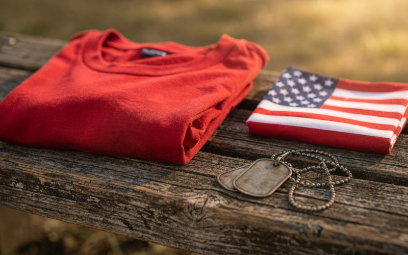 RED Friday meaning shown by a folded red t shirt on a wooden bench beside a small folded American flag and dog tags