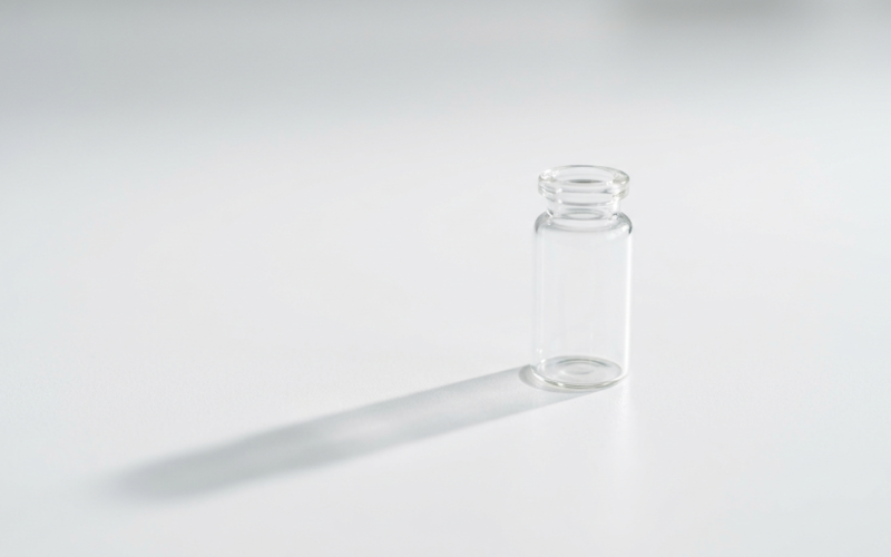 HHS vaccine recommendations concept, single glass vial on a sterile white surface