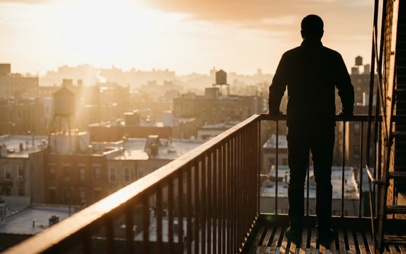 Silhouette of a figure on a fire escape looking out over a golden hazy city skyline
