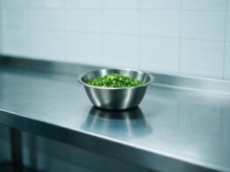 Salmonella outbreak 431 cases, sterile stainless kitchen counter with a bowl of chopped produce