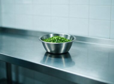 Salmonella outbreak 431 cases, sterile stainless kitchen counter with a bowl of chopped produce
