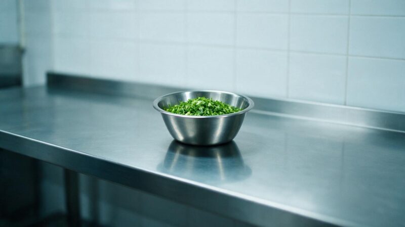 Salmonella outbreak 431 cases, sterile stainless kitchen counter with a bowl of chopped produce