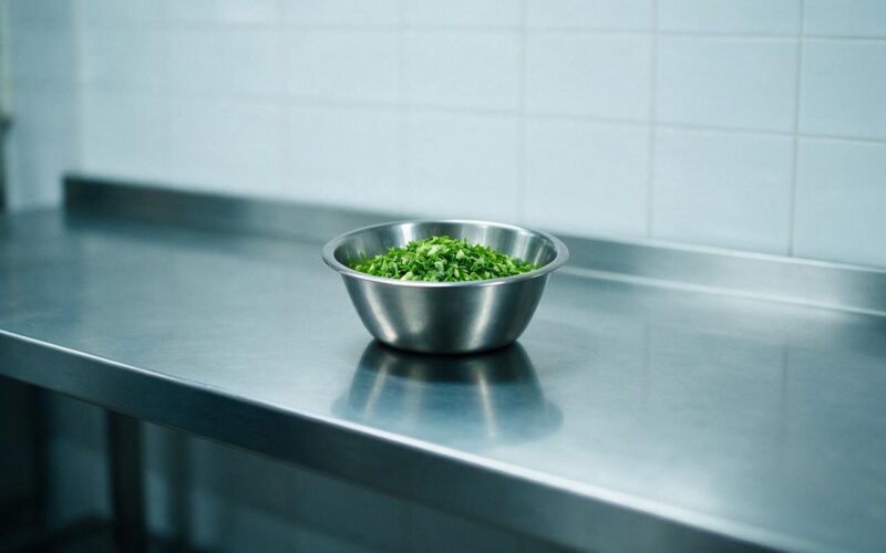 Salmonella outbreak 431 cases, sterile stainless kitchen counter with a bowl of chopped produce