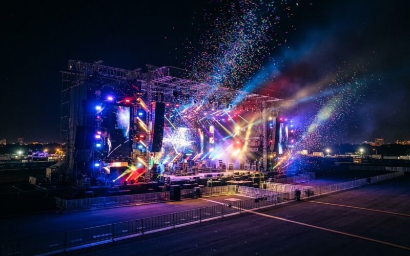 SB19 and BINI concept: a festival stage lit with colorful spotlights and confetti at night