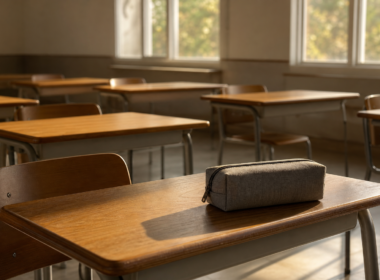 School phone bans concept, empty classroom desks with a closed storage pouch