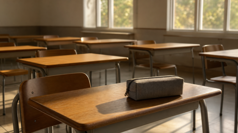 School phone bans concept, empty classroom desks with a closed storage pouch