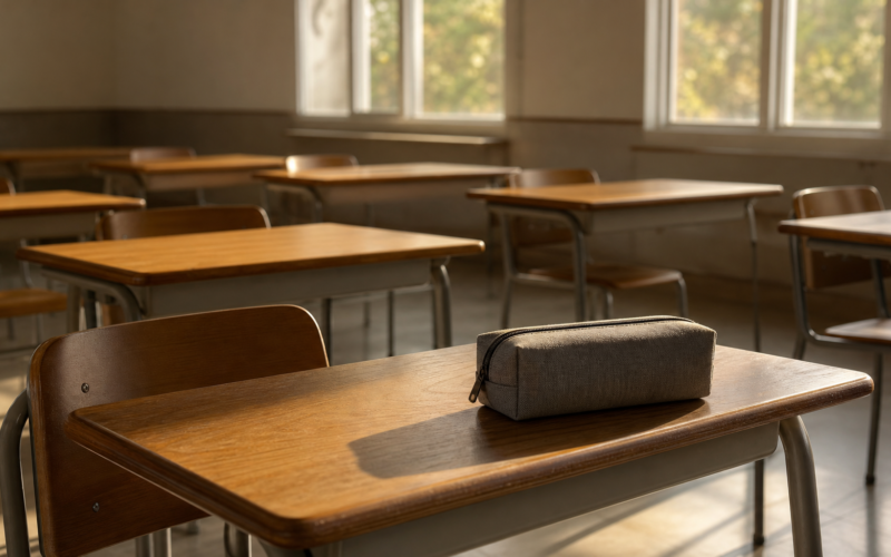 School phone bans concept, empty classroom desks with a closed storage pouch