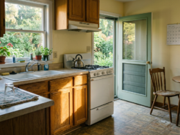 Sean Grayson death concept, empty suburban kitchen in warm morning light with a screen door open