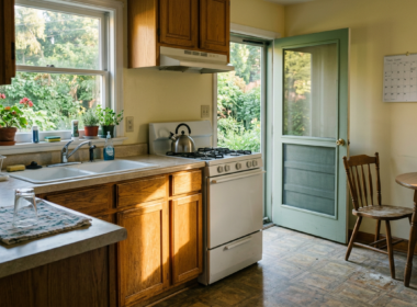 Sean Grayson death concept, empty suburban kitchen in warm morning light with a screen door open