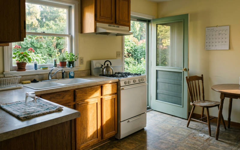 Sean Grayson death concept, empty suburban kitchen in warm morning light with a screen door open