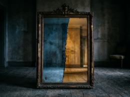 Sebastian Stan The Batman Part II mistranslation shown by a cracked antique mirror reflecting one cool half and one warm half