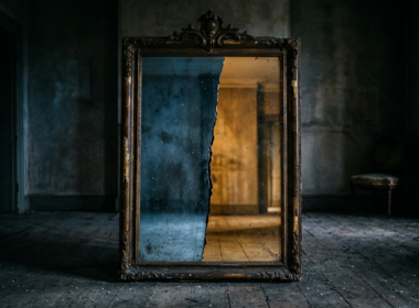 Sebastian Stan The Batman Part II mistranslation shown by a cracked antique mirror reflecting one cool half and one warm half