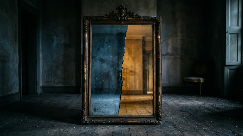 Sebastian Stan The Batman Part II mistranslation shown by a cracked antique mirror reflecting one cool half and one warm half