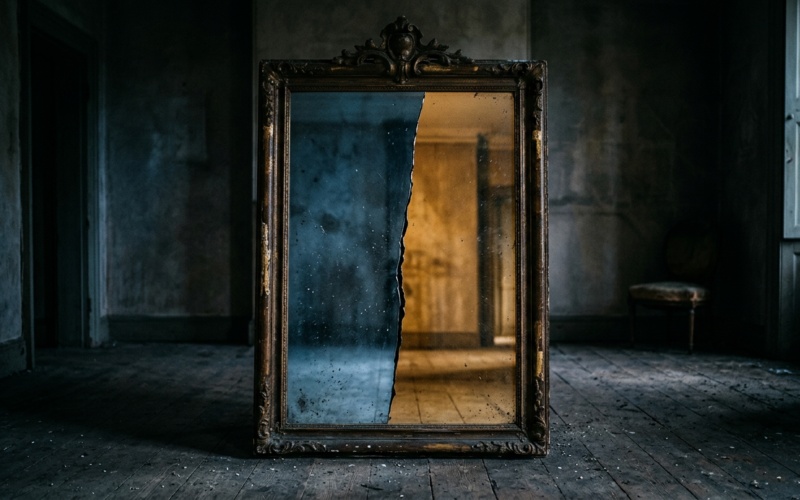 Sebastian Stan The Batman Part II mistranslation shown by a cracked antique mirror reflecting one cool half and one warm half