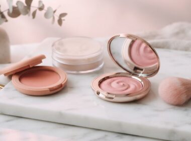 Rare Beauty concept: blush compacts and a makeup brush on marble in soft pink light