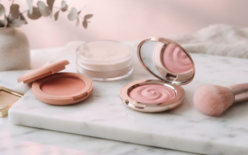 Rare Beauty concept: blush compacts and a makeup brush on marble in soft pink light