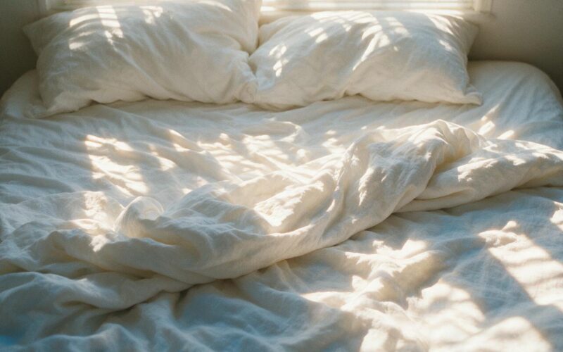 Sleep sweet spot study concept, overhead of rumpled white linen in morning sunlight