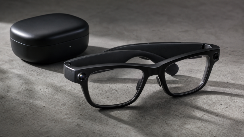Smart glasses with a small camera lens and a speaker arm resting on a concrete surface