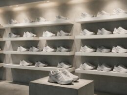Minimalist retail sneaker display wall with gaps where pairs were removed, illustrating faster sneaker trends in 2026