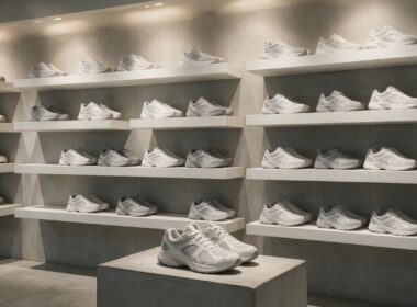 Minimalist retail sneaker display wall with gaps where pairs were removed, illustrating faster sneaker trends in 2026