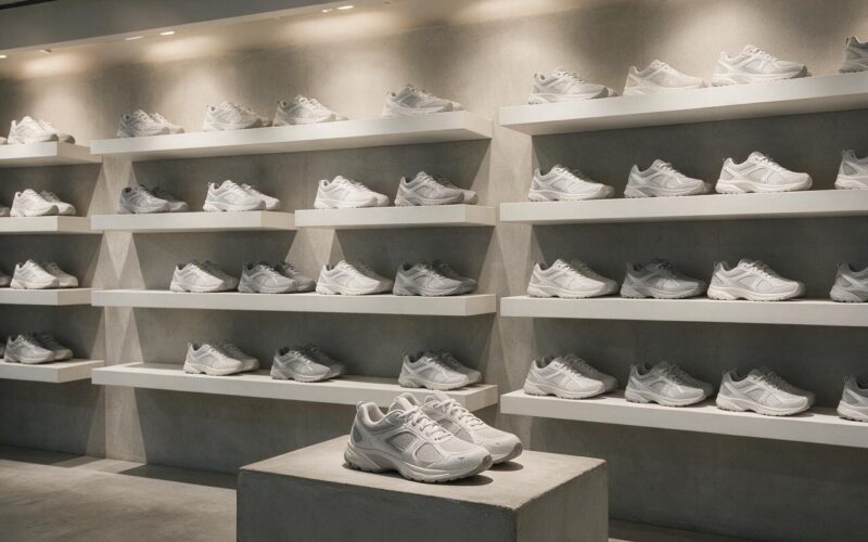 Minimalist retail sneaker display wall with gaps where pairs were removed, illustrating faster sneaker trends in 2026