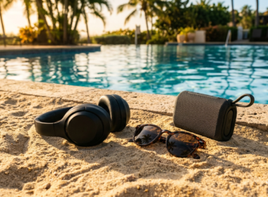 Headphones and sunglasses on bright sand beside a poolside speaker in golden summer light