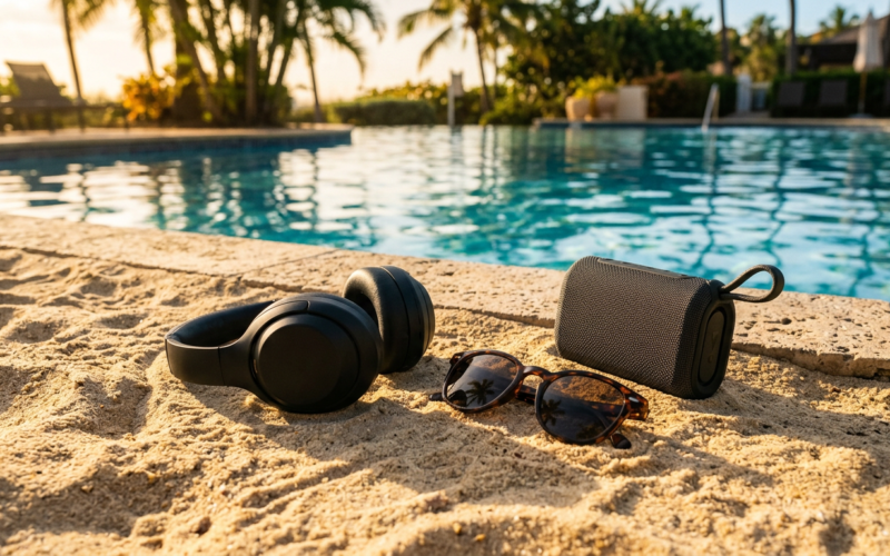 Headphones and sunglasses on bright sand beside a poolside speaker in golden summer light