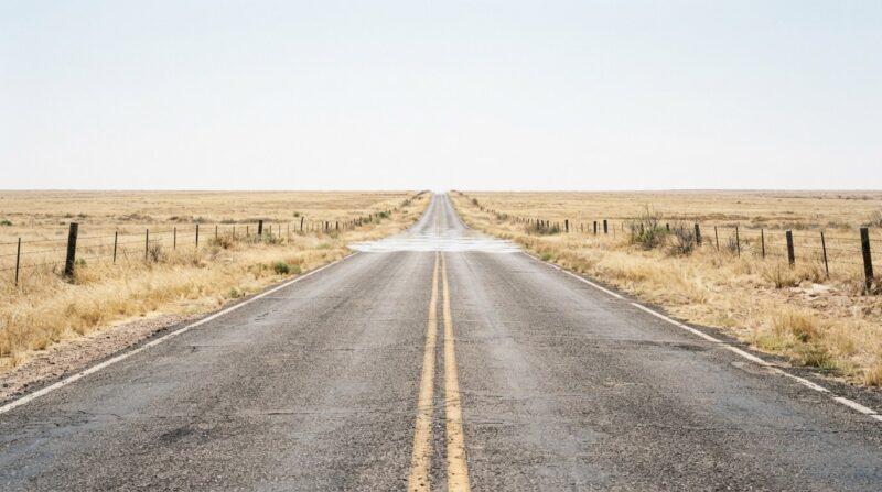 Southern Plains heat dome concept, empty Texas two lane road dissolving into heat mirage