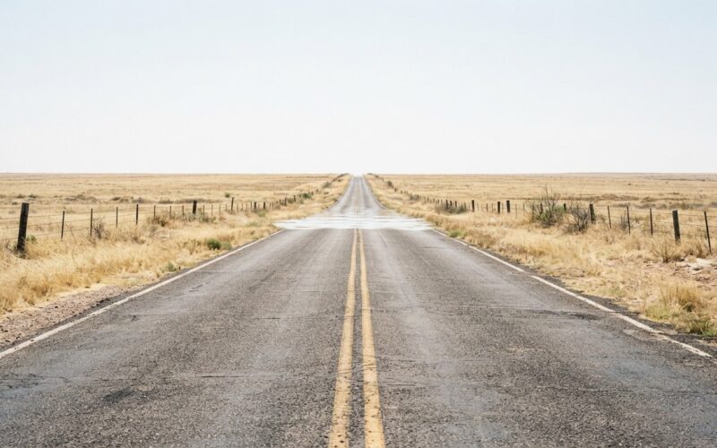 Southern Plains heat dome concept, empty Texas two lane road dissolving into heat mirage
