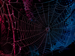 Beyond the Spider-Verse concept: a glowing multicolored spiderweb on a comic-book style background
