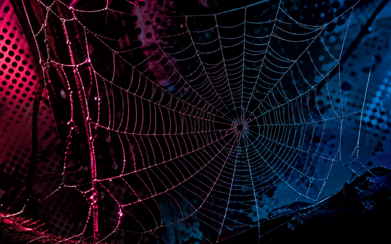 Beyond the Spider-Verse concept: a glowing multicolored spiderweb on a comic-book style background