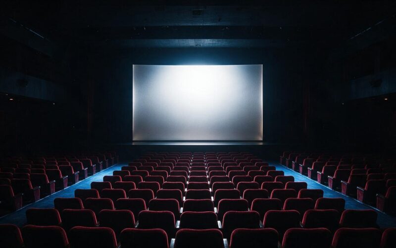 Spider-Man Brand New Day box office run, empty cinema auditorium with glowing screen