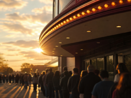 Spider-Man Brand New Day box office run shown by a long queue outside a lit cinema marquee at sunset
