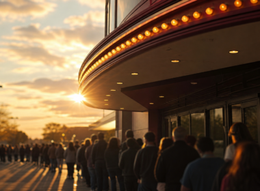 Spider-Man Brand New Day box office run shown by a long queue outside a lit cinema marquee at sunset