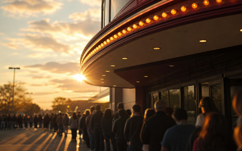 Spider-Man Brand New Day box office run shown by a long queue outside a lit cinema marquee at sunset
